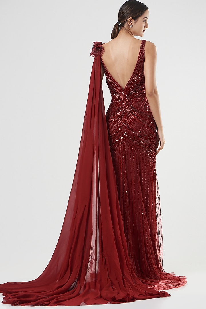 Red Embroidered Wedding Gown by Bhawna Rao at Pernia's Pop Up Shop