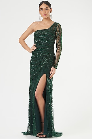 Dark Green Hand Embroidered Gown by Bhawna Rao