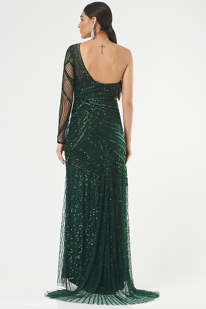 Dark Green Hand Embroidered Gown by Bhawna Rao at Pernia's Pop Up Shop