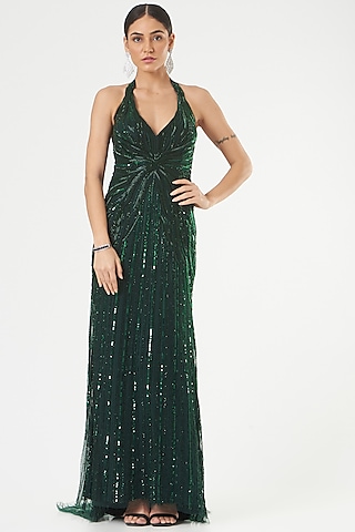 Dark Green Gown With Hand Embroidery by Bhawna Rao