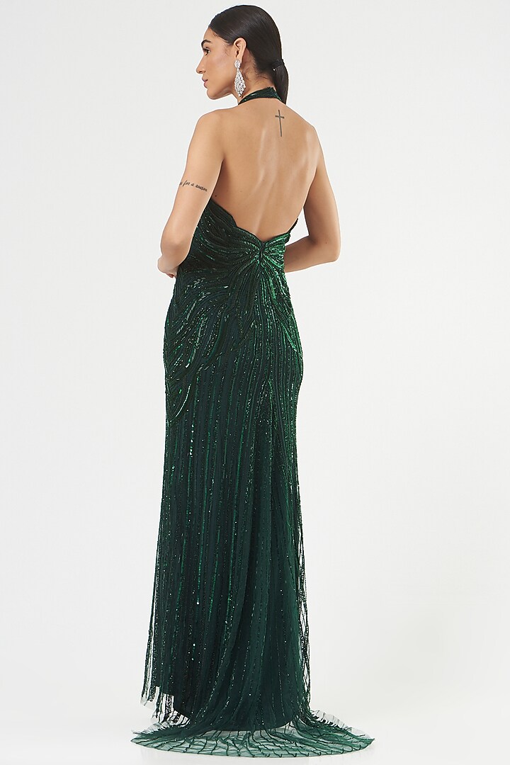 Dark Green Gown With Hand Embroidery by Bhawna Rao at Pernia's Pop Up Shop
