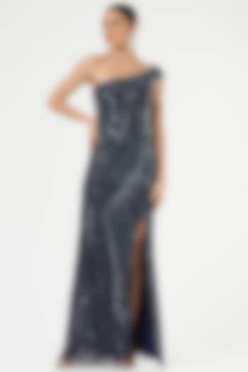 Dark Blue Hand Embroidered Gown by Bhawna Rao at Pernia's Pop Up Shop