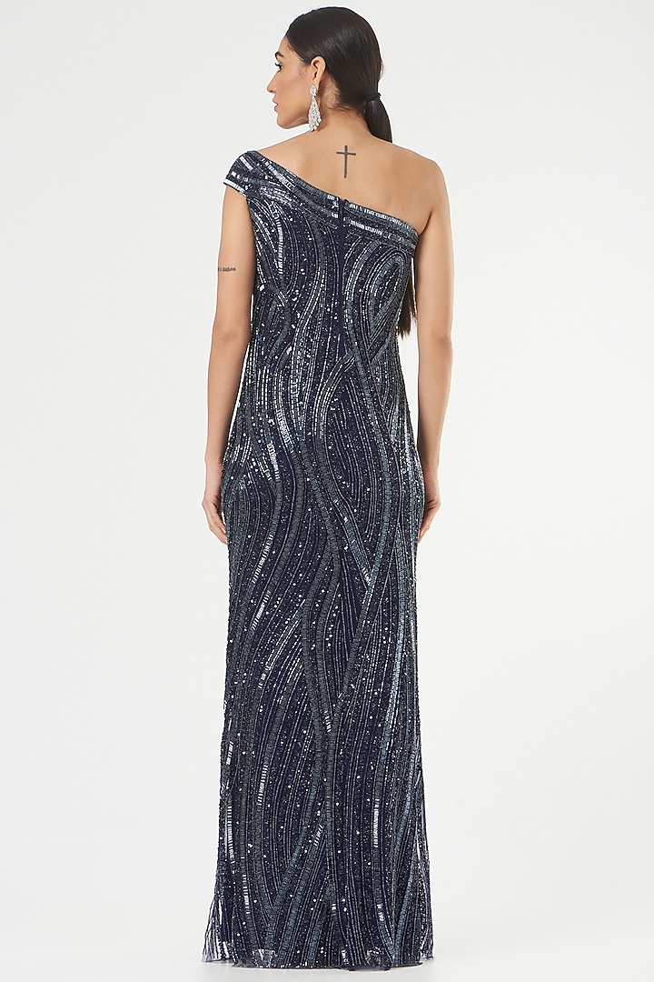 Dark Blue Hand Embroidered Gown by Bhawna Rao at Pernia's Pop Up Shop