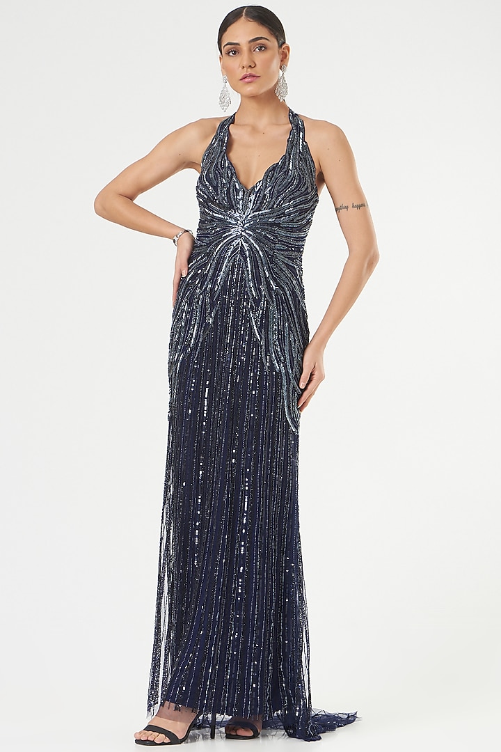 Dark Blue Beaded Hand Embroidered Gown by Bhawna Rao at Pernia's Pop Up Shop