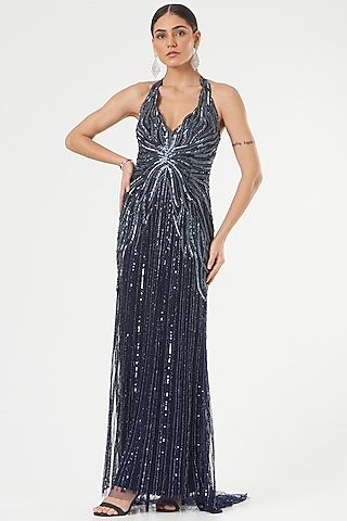 Dark Blue Beaded Hand Embroidered Gown by Bhawna Rao
