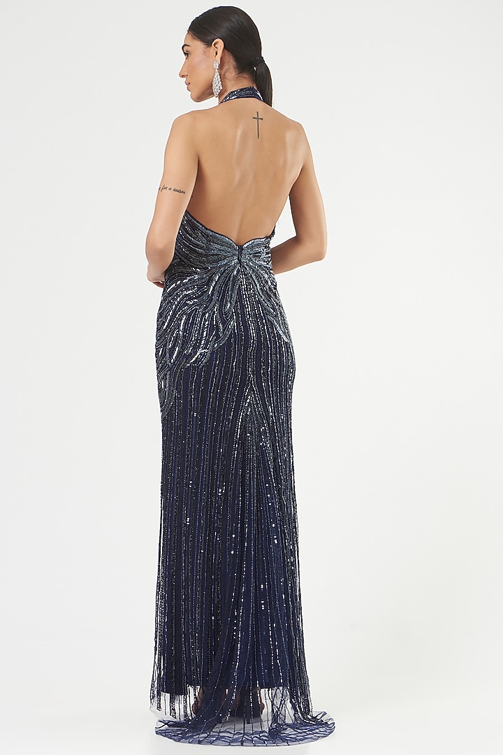 Dark Blue Beaded Hand Embroidered Gown by Bhawna Rao at Pernia's Pop Up Shop