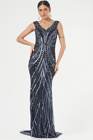 Dark Blue Sequins Hand Embroidered Gown by Bhawna Rao