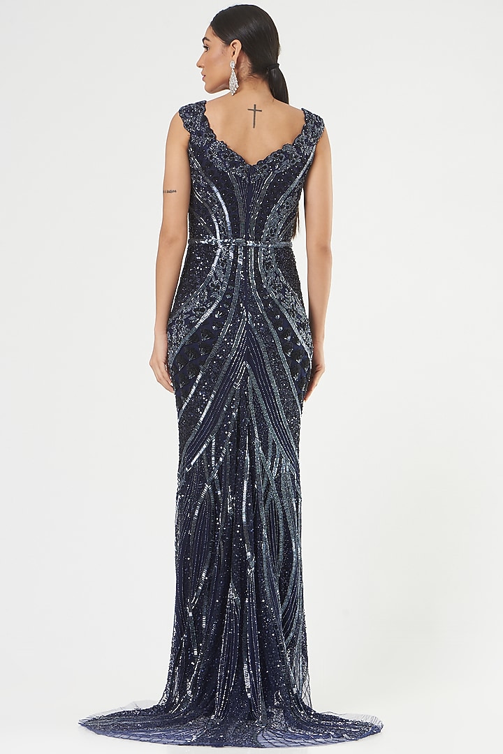 Dark Blue Sequins Hand Embroidered Gown by Bhawna Rao at Pernia's Pop Up Shop