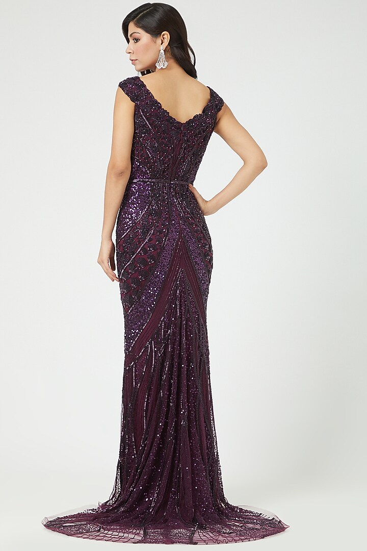 Deep Purple Embroidered Gown by Bhawna Rao at Pernia's Pop Up Shop