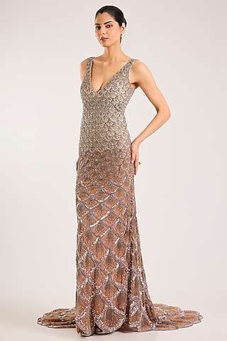 Ivory & Peach Italian Tulle & Silk Lycra Hand Embroidered Gown by Bhawna Rao