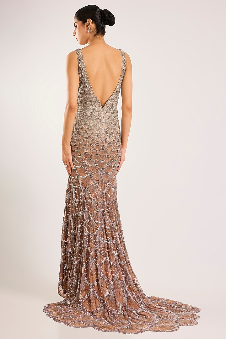 Ivory & Peach Italian Tulle & Silk Lycra Hand Embroidered Bridal Gown by Bhawna Rao at Pernia's Pop Up Shop