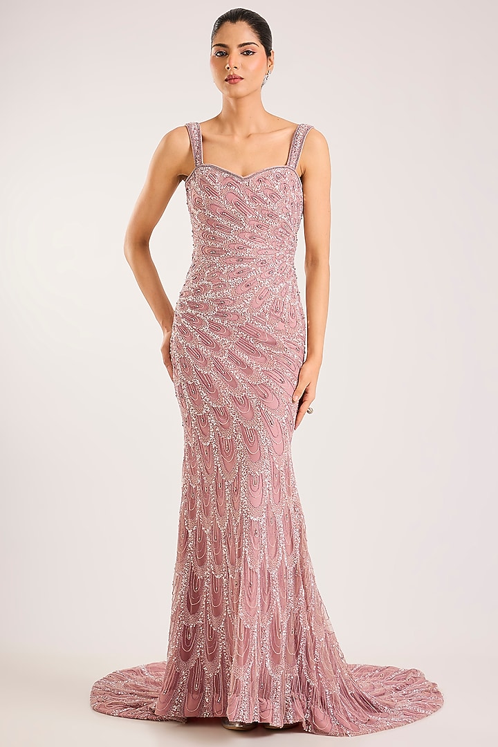 Lavender & Pink Italian Tulle Hand Embroidered Bridal Gown by Bhawna Rao at Pernia's Pop Up Shop
