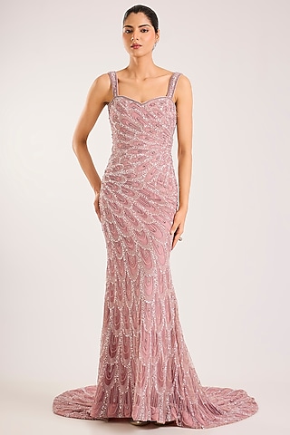 Lavender & Pink Italian Tulle Hand Embroidered Gown by Bhawna Rao