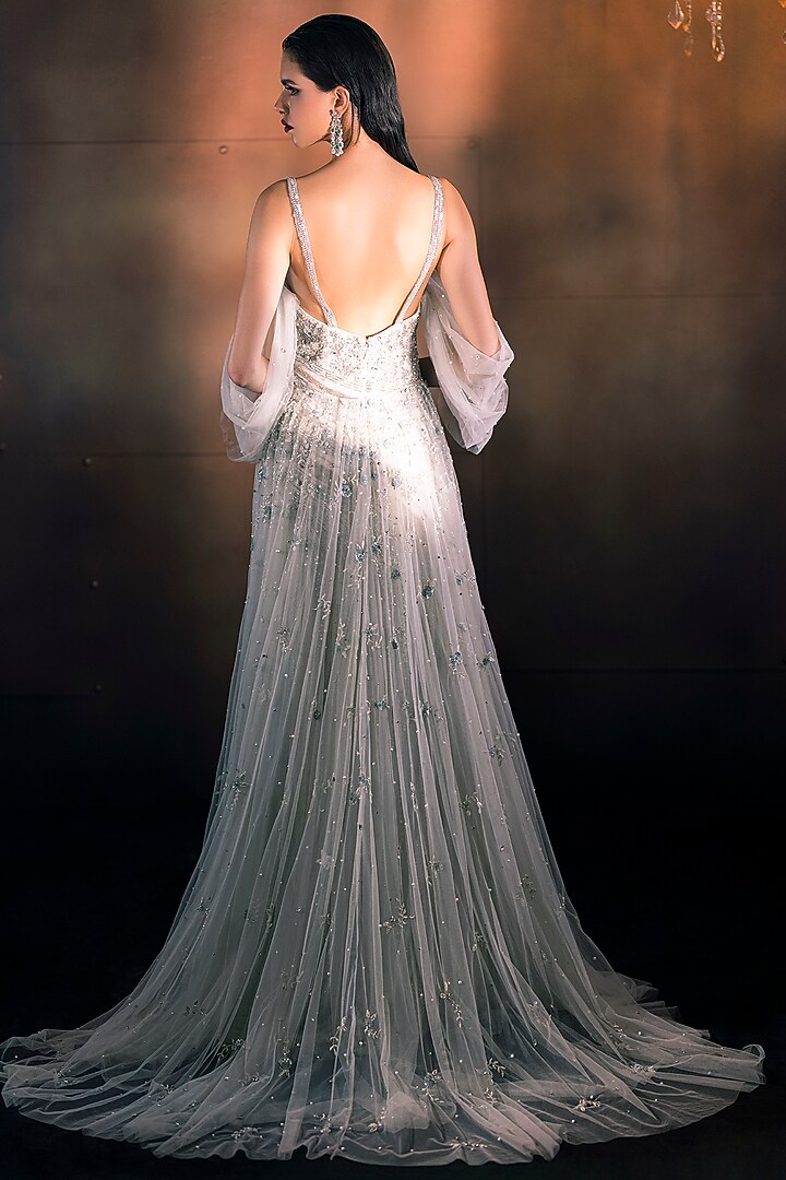 Mint Green Italian Tulle Swarovski Hand Embroidered Bridal Gown by Bhawna Rao at Pernia's Pop Up Shop