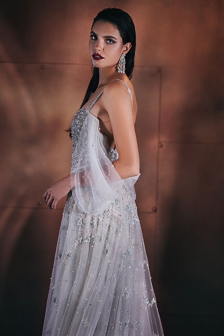 Mint Green Italian Tulle Swarovski Hand Embroidered Bridal Gown by Bhawna Rao at Pernia's Pop Up Shop