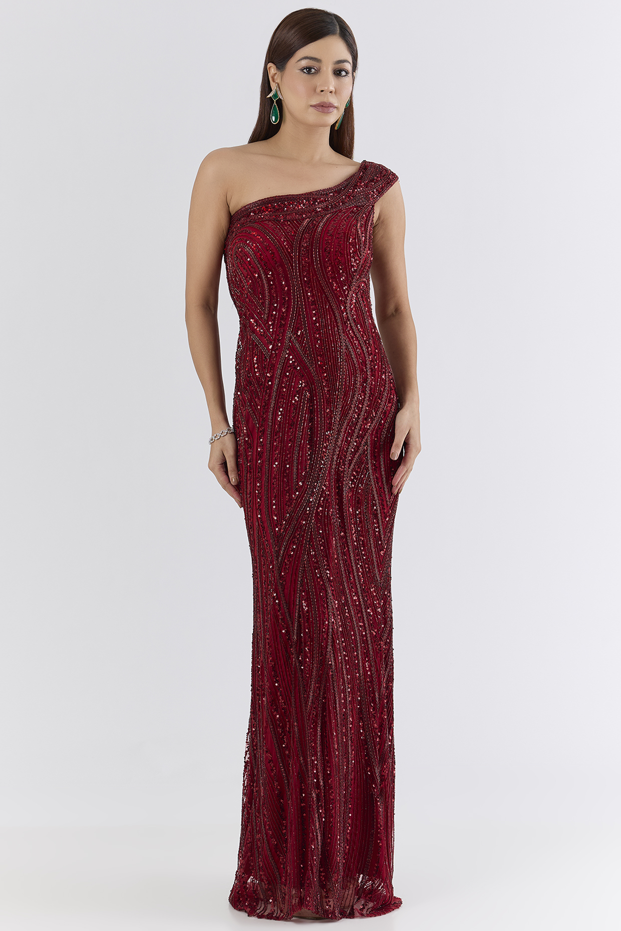 Red Italian Tulle Sequin & Crystal Embroidered Wedding Gown by Bhawna Rao at Pernia's Pop Up Shop