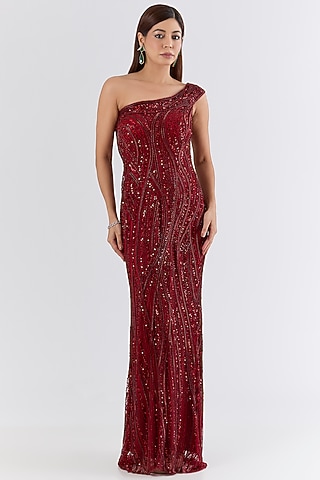 Red Italian Tulle Sequin & Crystal Embroidered Gown by Bhawna Rao