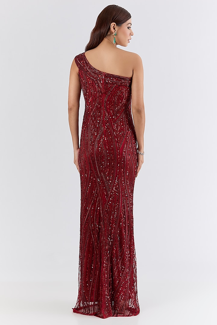 Red Italian Tulle Sequin & Crystal Embroidered Wedding Gown by Bhawna Rao at Pernia's Pop Up Shop