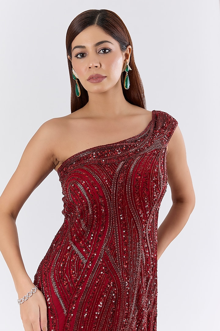 Red Italian Tulle Sequin & Crystal Embroidered Wedding Gown by Bhawna Rao at Pernia's Pop Up Shop