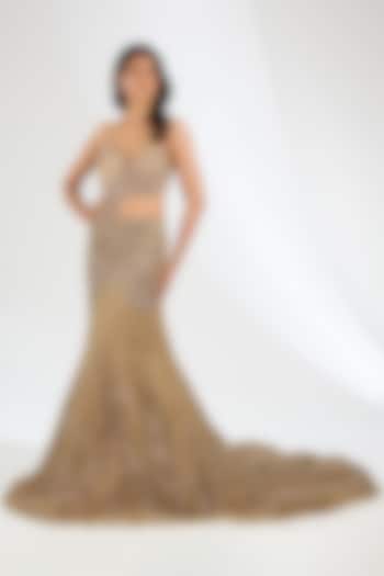 Champagne Gold Italian Tulle Crystal Embroidered Bridal Gown by Bhawna Rao at Pernia's Pop Up Shop