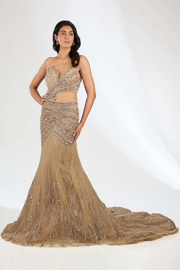 Champagne Gold Italian Tulle Crystal Embroidered Bridal Gown by Bhawna Rao at Pernia's Pop Up Shop