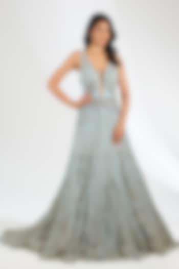 Blue Italian Tulle Crystal Embroidered Flared Bridal Gown by Bhawna Rao at Pernia's Pop Up Shop