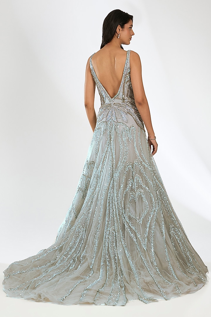 Blue Italian Tulle Crystal Embroidered Flared Bridal Gown by Bhawna Rao at Pernia's Pop Up Shop