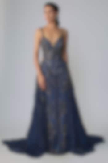 Midnight Blue Italian Tulle Embellished Bridal Gown by Bhawna Rao at Pernia's Pop Up Shop
