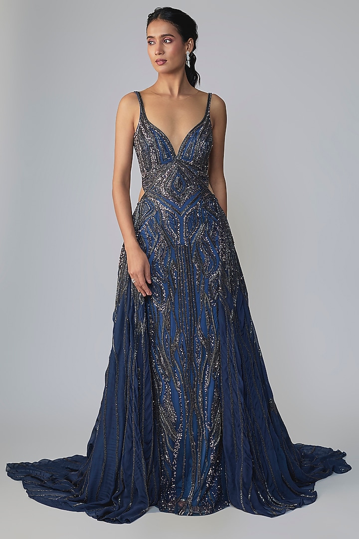 Midnight Blue Italian Tulle Embellished Bridal Gown by Bhawna Rao at Pernia's Pop Up Shop