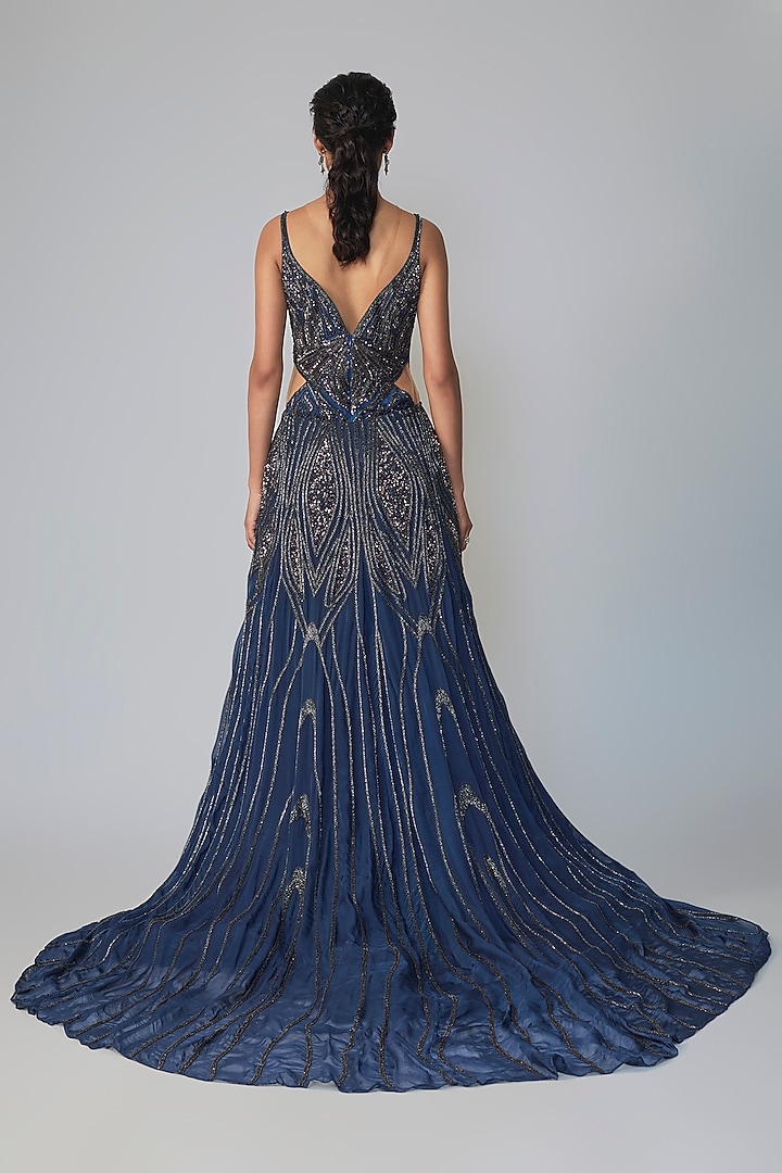 Midnight Blue Italian Tulle Embellished Bridal Gown by Bhawna Rao at Pernia's Pop Up Shop