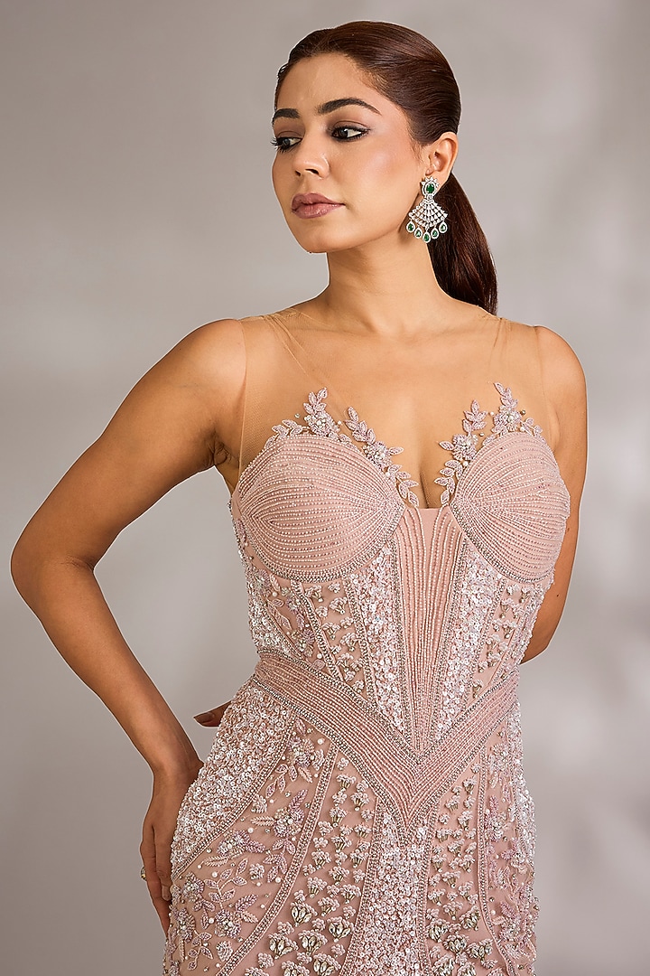 Lavender Pink Italian Tulle Embellished Wedding Gown by Bhawna Rao at Pernia's Pop Up Shop