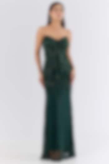 Emerald Green Italian Tulle Sequins & Bead Embroidered Wedding Gown by Bhawna Rao at Pernia's Pop Up Shop