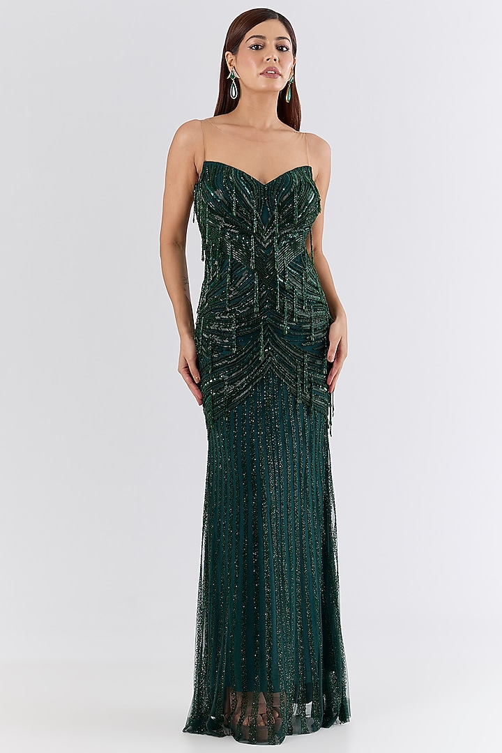 Emerald Green Italian Tulle Sequins & Bead Embroidered Wedding Gown by Bhawna Rao at Pernia's Pop Up Shop