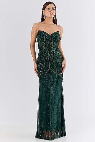 Emerald Green Italian Tulle Sequins & Bead Embroidered Gown by Bhawna Rao