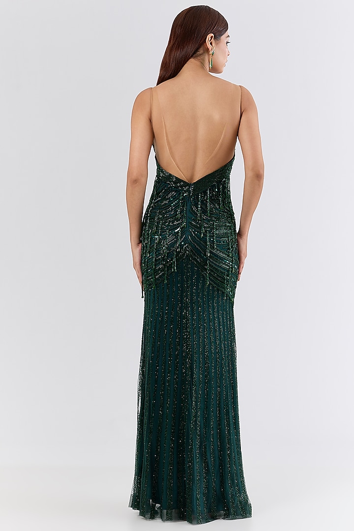 Emerald Green Italian Tulle Sequins & Bead Embroidered Wedding Gown by Bhawna Rao at Pernia's Pop Up Shop
