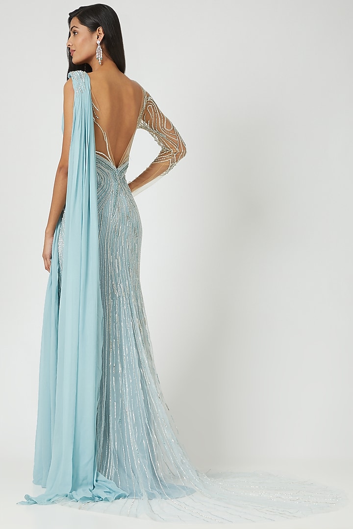 Sky Blue Embroidered Asymmetrical Gown by Bhawna Rao at Pernia's Pop Up Shop