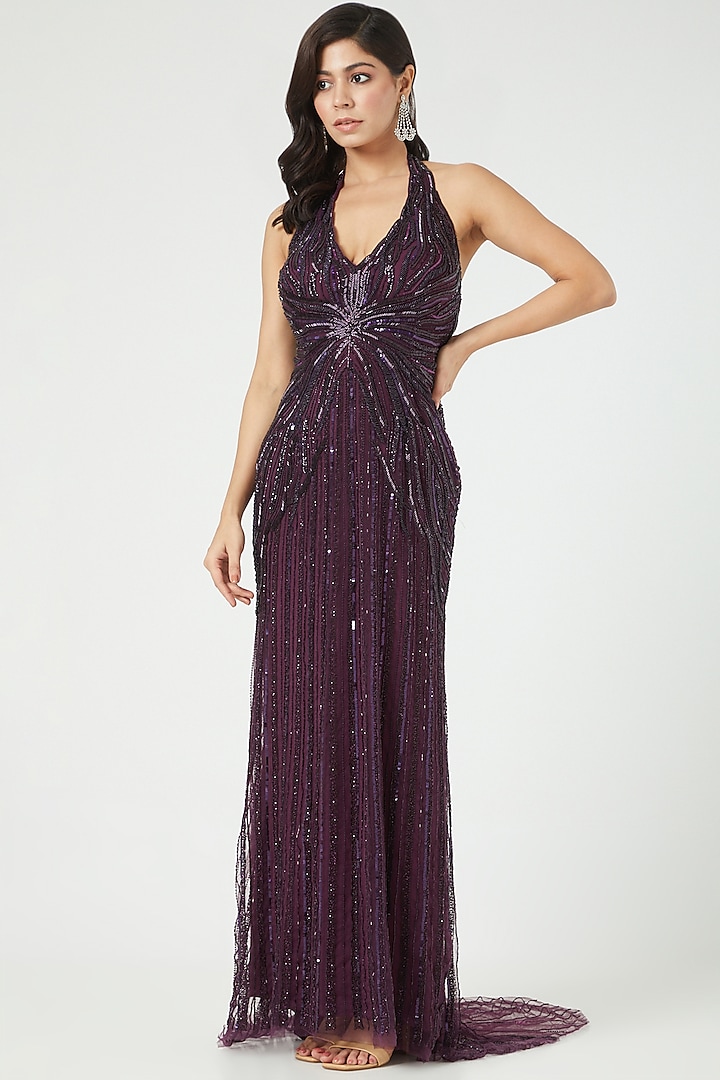 Deep Purple Embroidered Halter Neck Gown by Bhawna Rao
