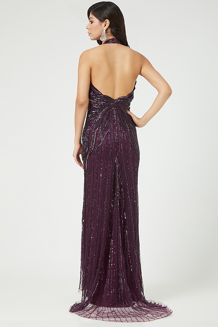 Deep Purple Embroidered Halter Neck Gown by Bhawna Rao at Pernia's Pop Up Shop
