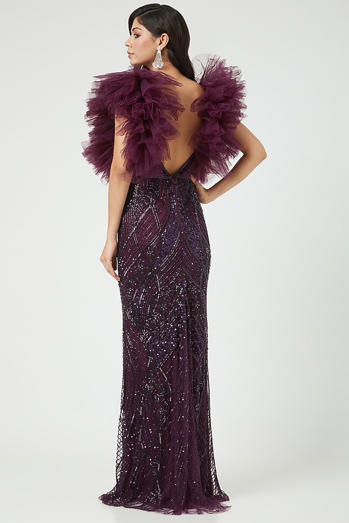 Deep Purple Hand Embroidered Gown by Bhawna Rao at Pernia's Pop Up Shop