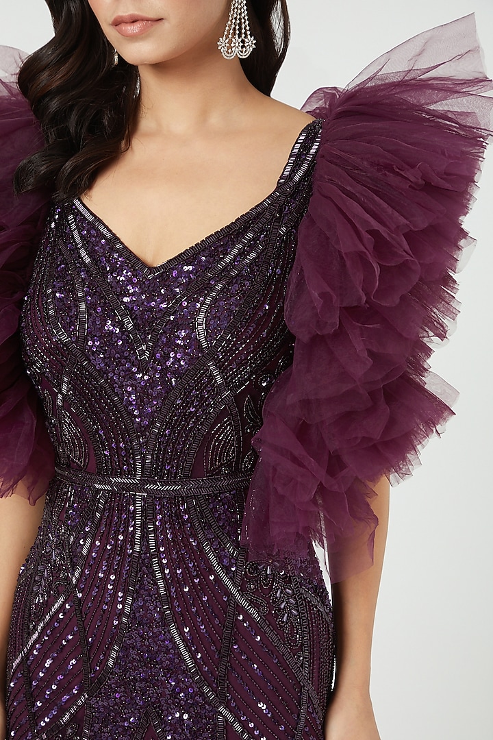 Deep Purple Hand Embroidered Gown by Bhawna Rao at Pernia's Pop Up Shop