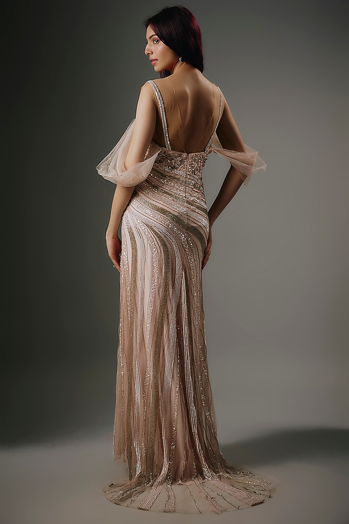 Blush Pink Italian Tulle Hand Embroidered Bridal Gown by Bhawna Rao at Pernia's Pop Up Shop