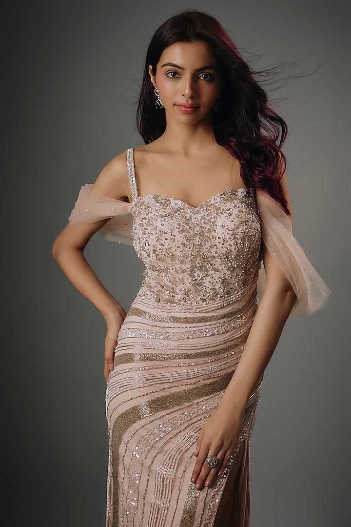 Blush Pink Italian Tulle Hand Embroidered Bridal Gown by Bhawna Rao at Pernia's Pop Up Shop