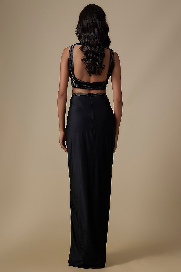 Black Indian Tulle & Silk Lycra Crystal Embroidered Draped Wedding Saree Set by Bhawna Rao at Pernia's Pop Up Shop
