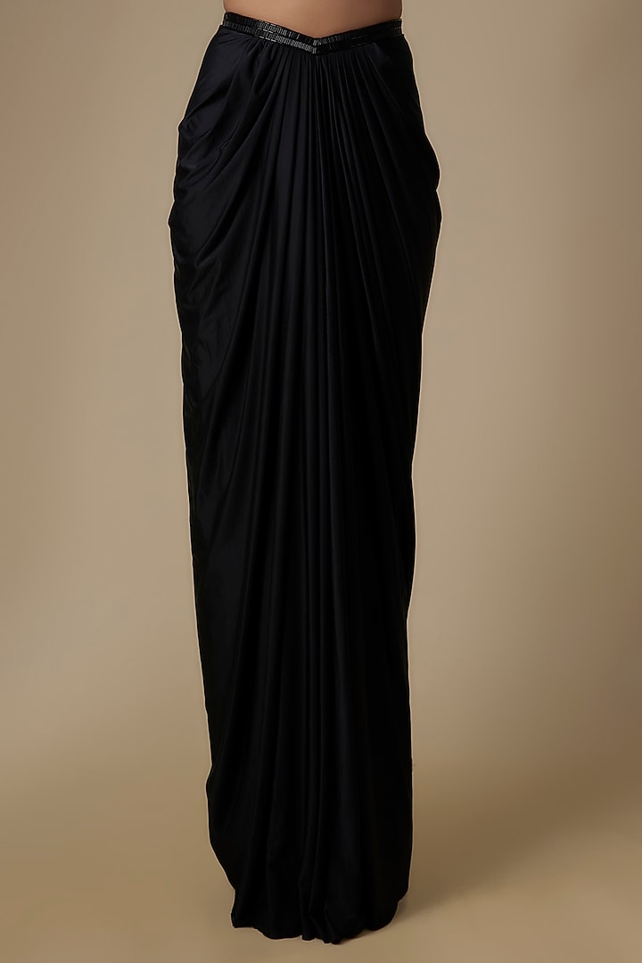 Black Indian Tulle & Silk Lycra Crystal Embroidered Draped Wedding Saree Set by Bhawna Rao at Pernia's Pop Up Shop