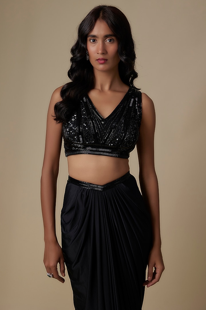 Black Indian Tulle & Silk Lycra Crystal Embroidered Draped Wedding Saree Set by Bhawna Rao at Pernia's Pop Up Shop