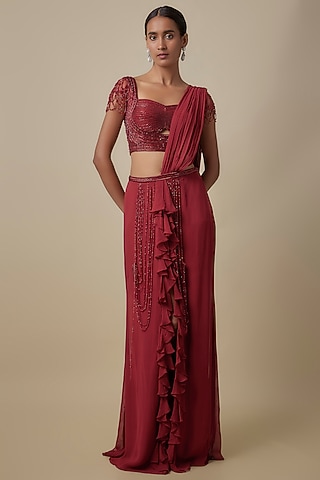Red Indian Tulle & Silk Lycra Crystal Embroidered Draped Saree by Bhawna Rao