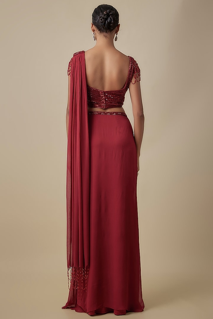 Red Indian Tulle & Silk Lycra Crystal Embroidered Draped Wedding Saree by Bhawna Rao at Pernia's Pop Up Shop