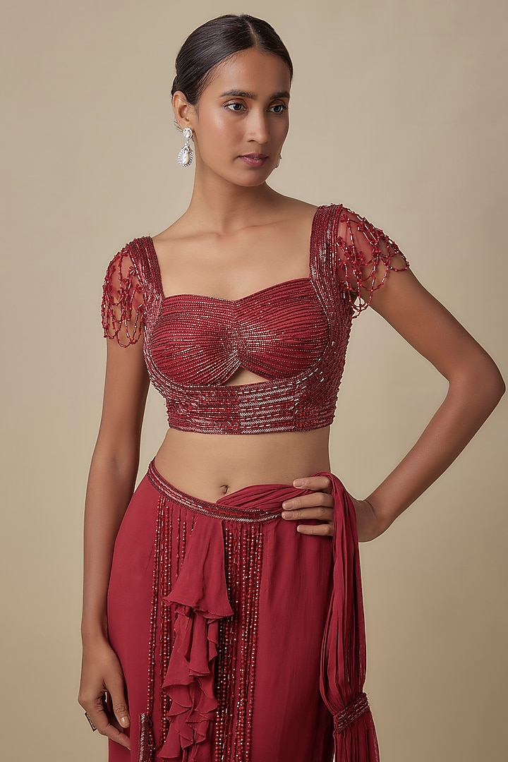 Red Indian Tulle & Silk Lycra Crystal Embroidered Draped Wedding Saree by Bhawna Rao at Pernia's Pop Up Shop