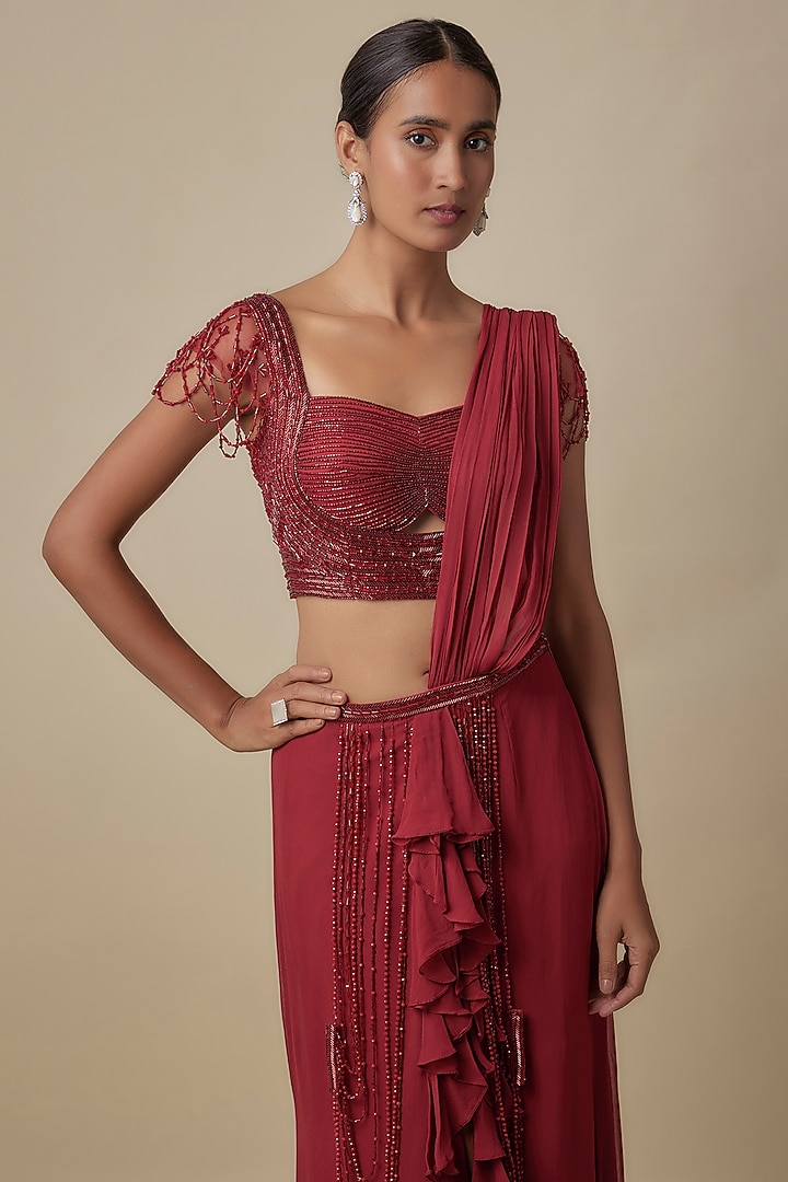 Red Indian Tulle & Silk Lycra Crystal Embroidered Draped Wedding Saree by Bhawna Rao at Pernia's Pop Up Shop