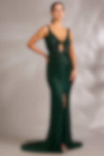 Emerald Green Italian Tulle Embellished Wedding Gown by Bhawna Rao at Pernia's Pop Up Shop